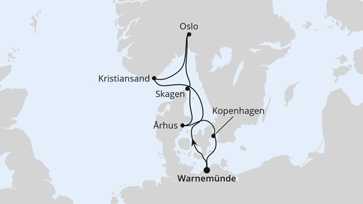Routenverlauf für Skandinavische Städte ab Warnemünde mit AIDAmar am 19.04.26 Routenverlauf für Skandinavische Städte ab Warnemünde mit AIDAmar am 19.04.26