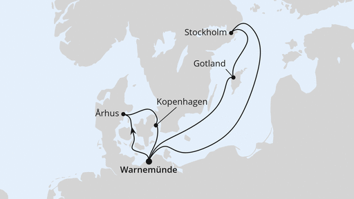 Routenverlauf für Schweden & Dänemark ab Warnemünde mit AIDAmar am 04.10.26