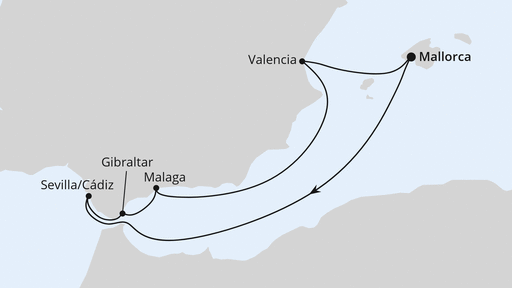 Routenverlauf für Silvesterreise im Mittelmeer ab Mallorca mit AIDAmar am 27.12.26