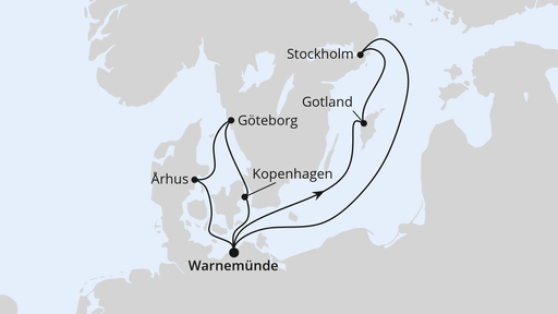 Routenverlauf für Schweden & Dänemark mit Stockholm ab Warnemünde mit AIDAmar am 14.05.26 Routenverlauf für Schweden & Dänemark mit Stockholm ab Warnemünde mit AIDAmar am 14.05.26