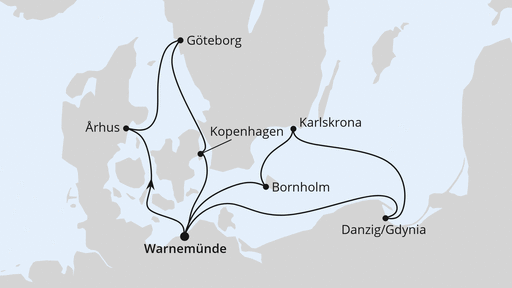 Routenverlauf für Schweden, Polen & Dänemark ab Warnemünde 2 mit AIDAmar am 18.05.26 Routenverlauf für Schweden, Polen & Dänemark ab Warnemünde 2 mit AIDAmar am 18.05.26