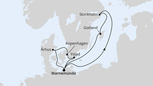 Routenverlauf für Schweden & Dänemark mit Stockholm ab Warnemünde 1 mit AIDAmar am 10.05.27