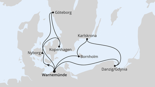 Routenverlauf für Schweden & Dänemark mit Polen ab Warnemünde mit AIDAmar am 03.07.26 Routenverlauf für Schweden & Dänemark mit Polen ab Warnemünde mit AIDAmar am 03.07.26