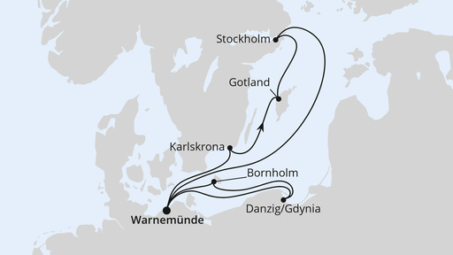 Routenverlauf für Schweden mit Danzig & Bornholm ab Warnemünde mit AIDAmar am 01.05.27