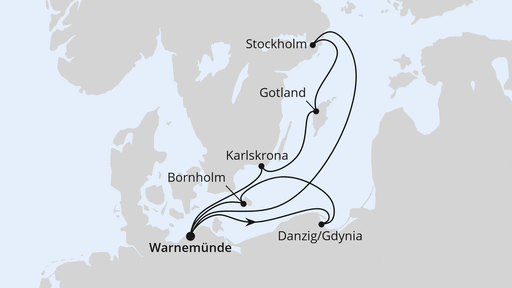 Routenverlauf für Schweden mit Danzig & Bornholm ab Warnemünde mit AIDAmar am 06.06.27
