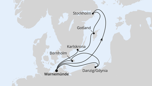 Routenverlauf für Schweden mit Danzig & Bornholm ab Warnemünde mit AIDAmar am 21.07.27