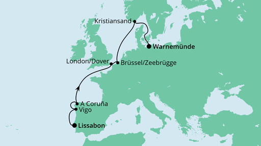 Routenverlauf für Osterreise von Lissabon nach Warnemünde mit AIDAmar am 06.04.23