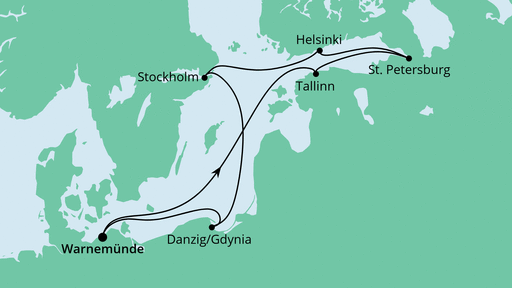 Routenverlauf für Skandinavische Städte mit Stockholm mit AIDAmar am 22.09.23 Routenverlauf für Skandinavische Städte mit Stockholm mit AIDAmar am 22.09.23