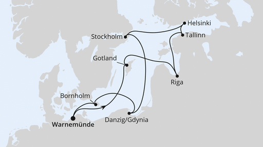 Routenverlauf für Städte der Ostsee ab Warnemünde 1 mit AIDAmar am 22.08.27