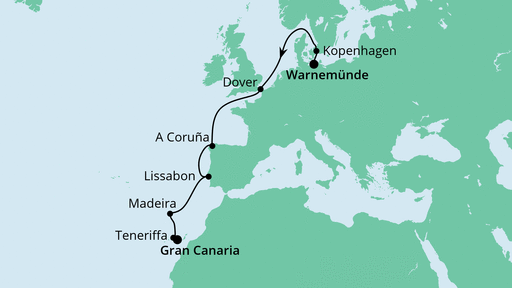 Routenverlauf für Von Warnemünde nach Gran Canaria mit AIDAmar am 21.10.20