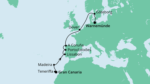 Routenverlauf für Von Gran Canaria nach Warnemünde mit AIDAmar am 03.04.22