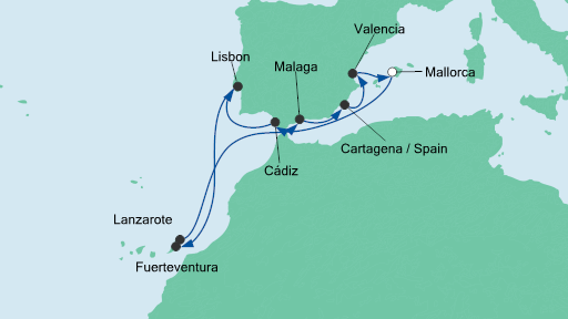 Routenverlauf für Spanien, Portugal & Kanaren mit AIDAmar am 26.01.20 Routenverlauf für Spanien, Portugal & Kanaren mit AIDAmar am 26.01.20