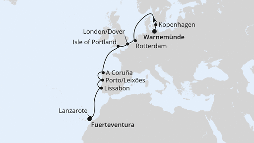 Routenverlauf für Von Warnemünde nach Fuerteventura 1 mit AIDAmar am 02.11.25 Routenverlauf für Von Warnemünde nach Fuerteventura 1 mit AIDAmar am 02.11.25