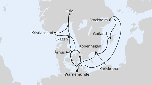 Routenverlauf für Skandinavien-Rundreise ab Warnemünde mit AIDAmar am 19.04.26 Routenverlauf für Skandinavien-Rundreise ab Warnemünde mit AIDAmar am 19.04.26