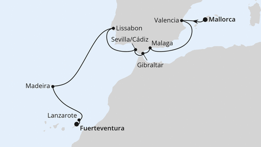 Routenverlauf für Andalusien, Madeira & Kanaren ab Mallorca 3 mit AIDAmar am 10.01.27
