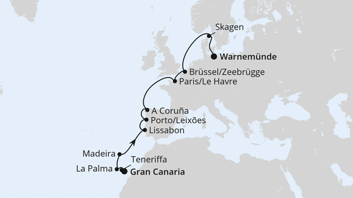 Routenverlauf für Von Gran Canaria über Portugal nach Warnemünde mit AIDAmar am 11.04.27