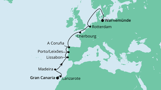 Routenverlauf für Von Gran Canaria nach Warnemünde mit AIDAmar am 18.04.21