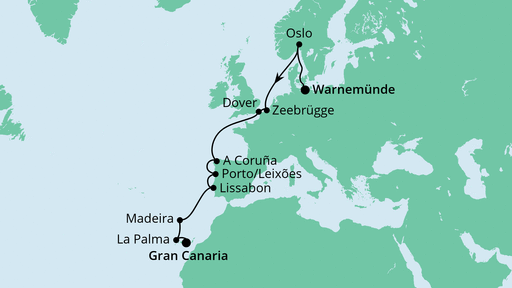 Routenverlauf für Von Hamburg nach Gran Canaria mit AIDAmar am 24.10.21