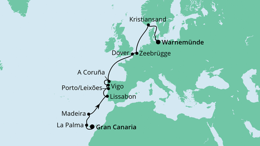 Routenverlauf für Von Gran Canaria nach Warnemünde mit AIDAmar am 02.04.23 Routenverlauf für Von Gran Canaria nach Warnemünde mit AIDAmar am 02.04.23