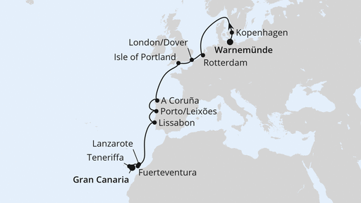 Routenverlauf für Von Warnemünde nach Gran Canaria mit AIDAmar am 02.11.25 Routenverlauf für Von Warnemünde nach Gran Canaria mit AIDAmar am 02.11.25