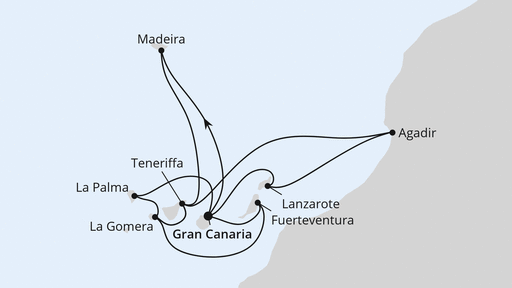 Routenverlauf für Große Kanaren-Reise mit Madeira & Marokko mit AIDAmar am 14.12.25