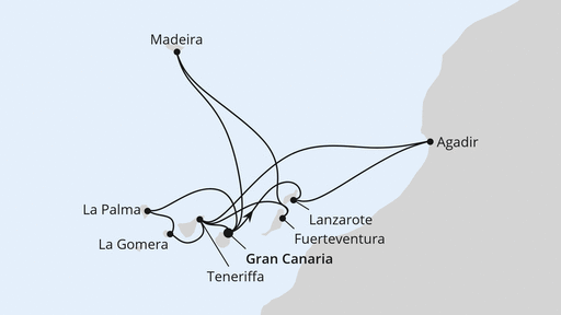 Routenverlauf für Große Kanaren-Reise mit Madeira & Marokko mit AIDAmar am 21.12.25