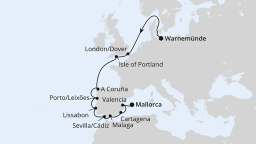 Routenverlauf für Westeuropa-Highlights von Warnemünde nach Mallorca mit AIDAmar am 11.10.26 Routenverlauf für Westeuropa-Highlights von Warnemünde nach Mallorca mit AIDAmar am 11.10.26