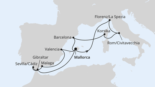 Routenverlauf für Feiertagsreise im Mittelmeer ab Mallorca mit AIDAmar am 20.12.26