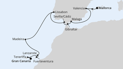 Routenverlauf für Andalusien, Madeira & Kanaren ab Mallorca 2 mit AIDAmar am 10.01.27