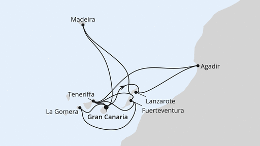 Routenverlauf für Große Kanaren-Reise mit Madeira & Marokko mit AIDAmar am 07.02.27