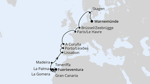 Routenverlauf für Von Fuerteventura über Portugal nach Warnemünde mit AIDAmar am 09.04.27 Routenverlauf für Von Fuerteventura über Portugal nach Warnemünde mit AIDAmar am 09.04.27