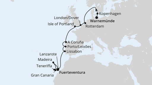 Routenverlauf für Von Warnemünde nach Fuerteventura 2 mit AIDAmar am 02.11.25 Routenverlauf für Von Warnemünde nach Fuerteventura 2 mit AIDAmar am 02.11.25