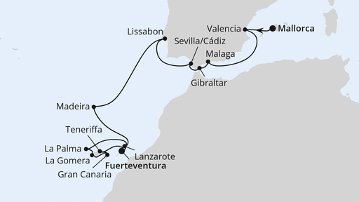 Routenverlauf für Andalusien, Madeira & Kanaren ab Mallorca 1 mit AIDAmar am 10.01.27