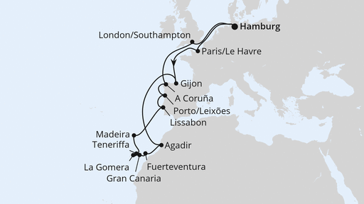 Routenverlauf für Große Winterpause Kanaren zu den Feiertagen mit AIDAmar am 19.12.27