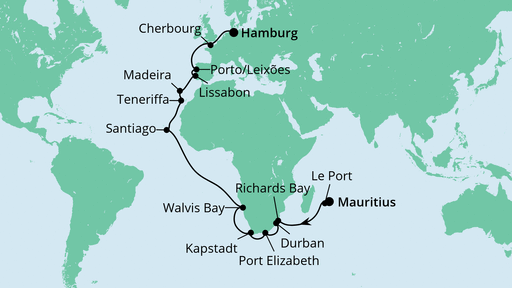 Routenverlauf für Von Mauritius nach Hamburg 1 mit AIDAmar am 18.01.23