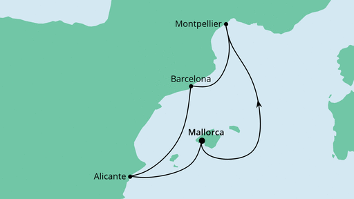 Routenverlauf für Kurzreise ab Mallorca mit AIDAmira am 11.11.21 Routenverlauf für Kurzreise ab Mallorca mit AIDAmira am 11.11.21