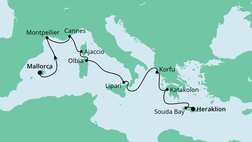 Routenverlauf für Von Mallorca nach Kreta mit AIDAmira am 03.04.22