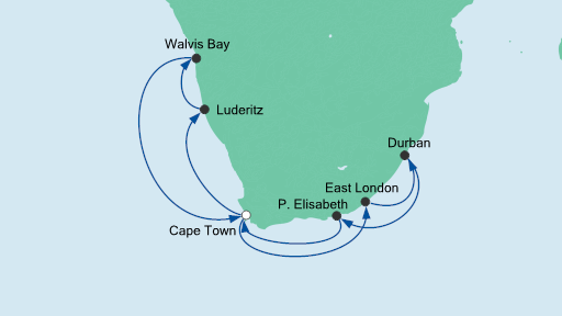 Routenverlauf für Südafrika & Namibia 2 mit AIDAmira am 07.12.20 Routenverlauf für Südafrika & Namibia 2 mit AIDAmira am 07.12.20