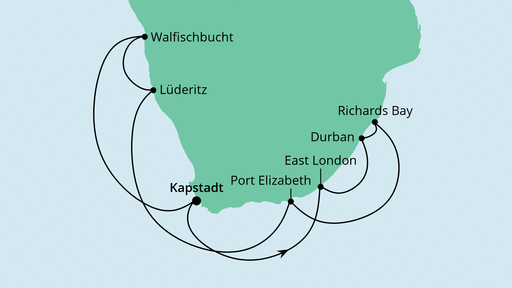 Routenverlauf für Südafrika & Namibia mit AIDAmira am 03.01.22