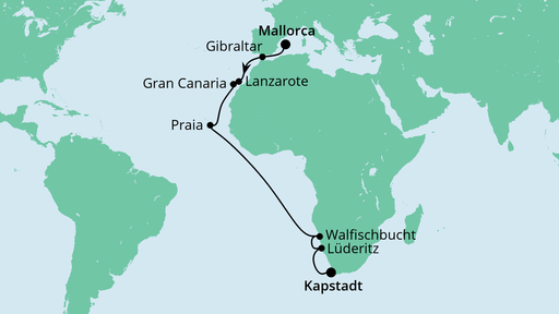 Routenverlauf für Von Mallorca nach Kapstadt mit AIDAmira am 16.11.21 Routenverlauf für Von Mallorca nach Kapstadt mit AIDAmira am 16.11.21