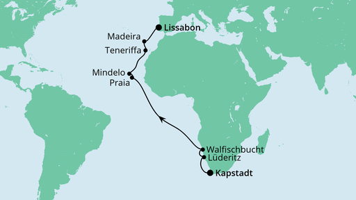 Routenverlauf für Von Kapstadt nach Lissabon mit AIDAmira am 13.03.23 Routenverlauf für Von Kapstadt nach Lissabon mit AIDAmira am 13.03.23