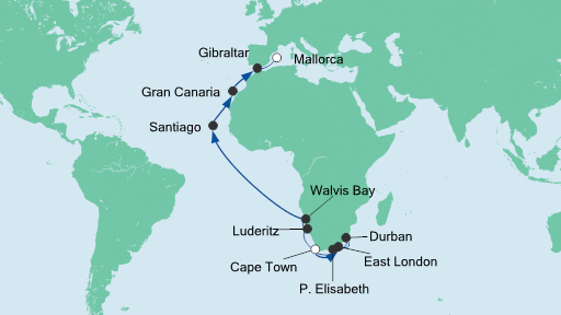Routenverlauf für Von Kapstadt nach Mallorca mit AIDAmira am 30.03.20 Routenverlauf für Von Kapstadt nach Mallorca mit AIDAmira am 30.03.20