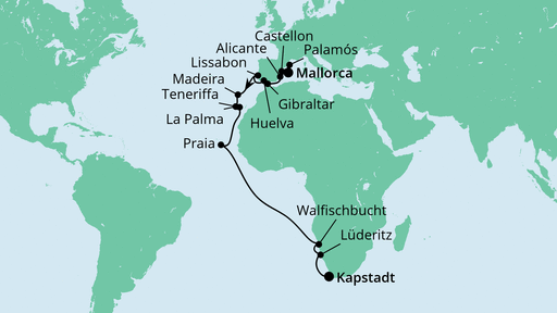Routenverlauf für Von Mallorca nach Kapstadt mit AIDAmira am 24.10.22