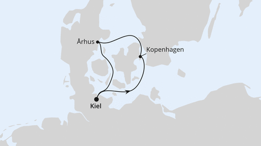 Routenverlauf für Kurzreise nach Dänemark ab Kiel mit AIDAnova am 30.09.26 Routenverlauf für Kurzreise nach Dänemark ab Kiel mit AIDAnova am 30.09.26