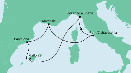 Routenverlauf für Mediterrane Schätze ab La Spezia mit AIDAnova am 11.05.20 Routenverlauf für Mediterrane Schätze ab La Spezia mit AIDAnova am 11.05.20
