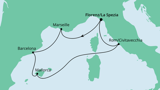 Routenverlauf für Mediterrane Schätze ab La Spezia mit AIDAnova am 20.10.20