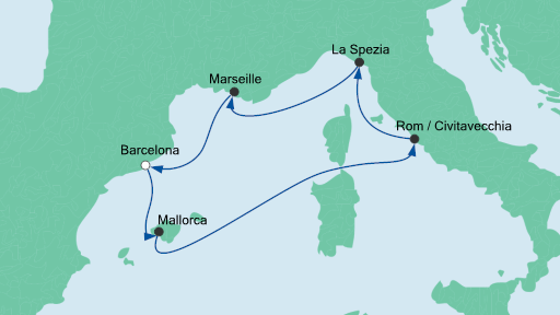 Routenverlauf für Mediterrane Schätze ab Barcelona mit AIDAnova am 23.10.20