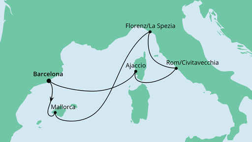 Routenverlauf für Mediterrane Schätze ab Barcelona mit AIDAnova am 04.06.21 Routenverlauf für Mediterrane Schätze ab Barcelona mit AIDAnova am 04.06.21