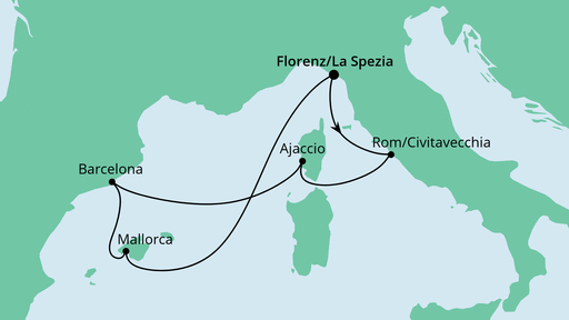 Routenverlauf für Mediterrane Schätze ab La Spezia mit AIDAnova am 13.09.21 Routenverlauf für Mediterrane Schätze ab La Spezia mit AIDAnova am 13.09.21