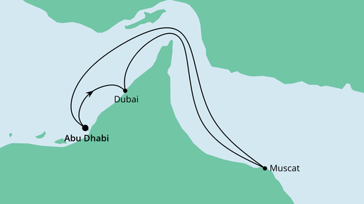 Routenverlauf für Orient ab Abu Dhabi mit AIDAnova am 20.01.22 Routenverlauf für Orient ab Abu Dhabi mit AIDAnova am 20.01.22